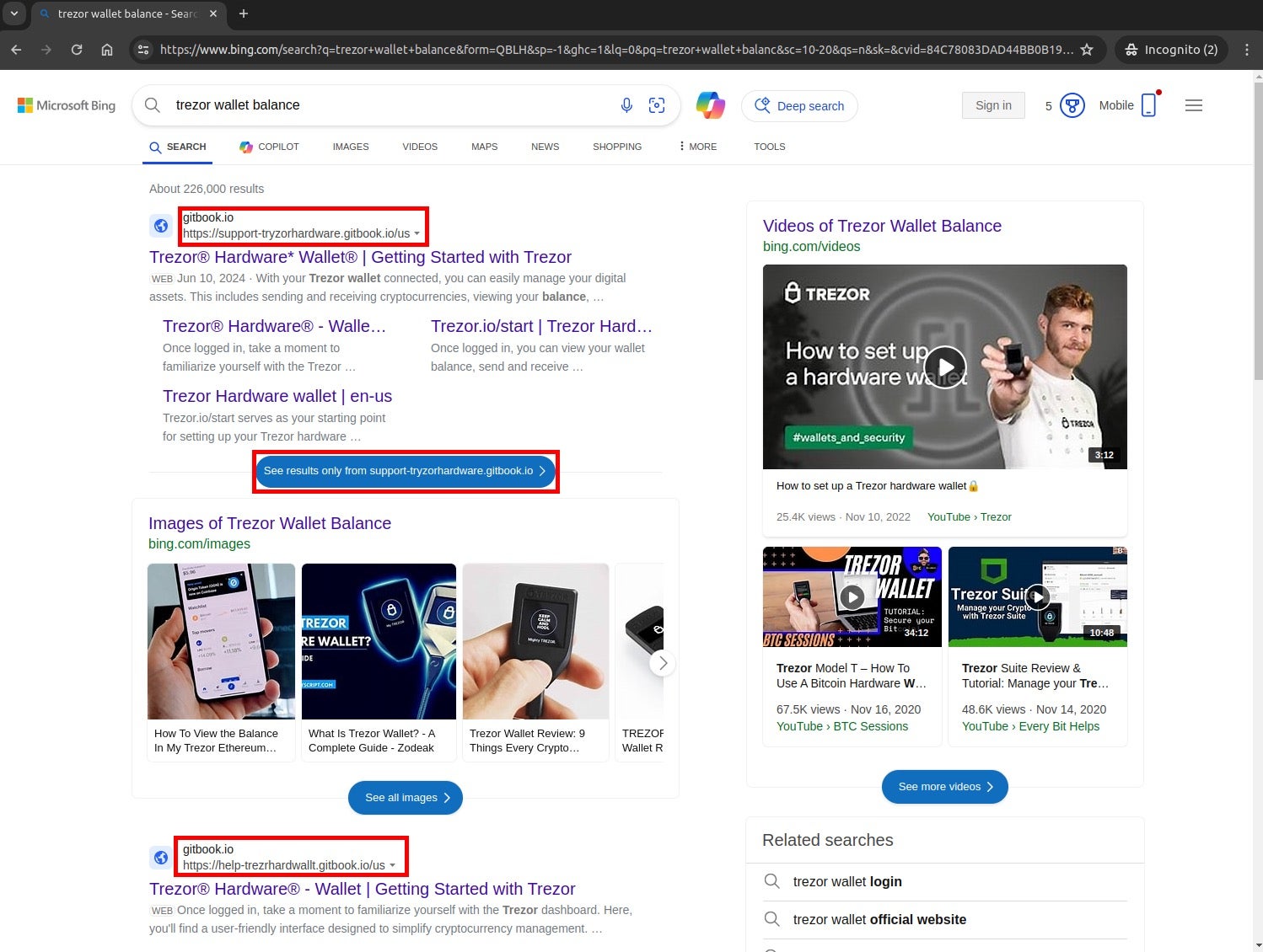 Trezor Wallet Balance malicious result in top Bing Search