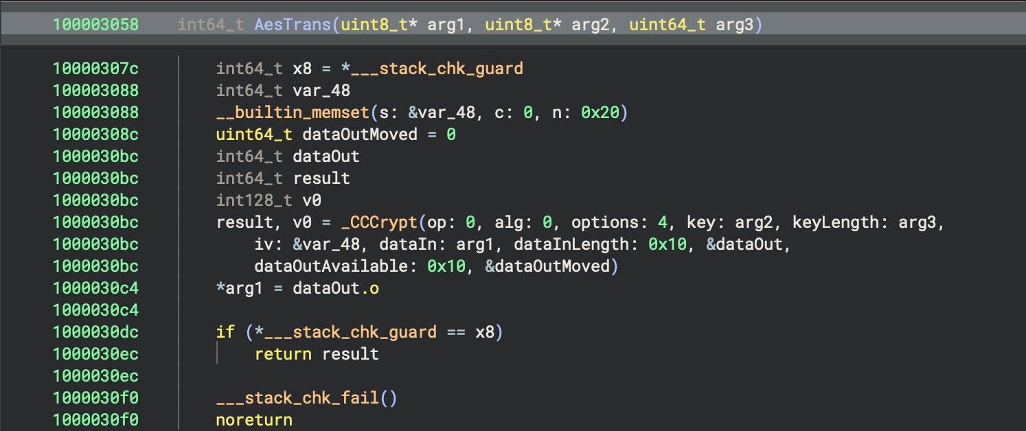 The AesTrans function is a wrapper of CCCrypt