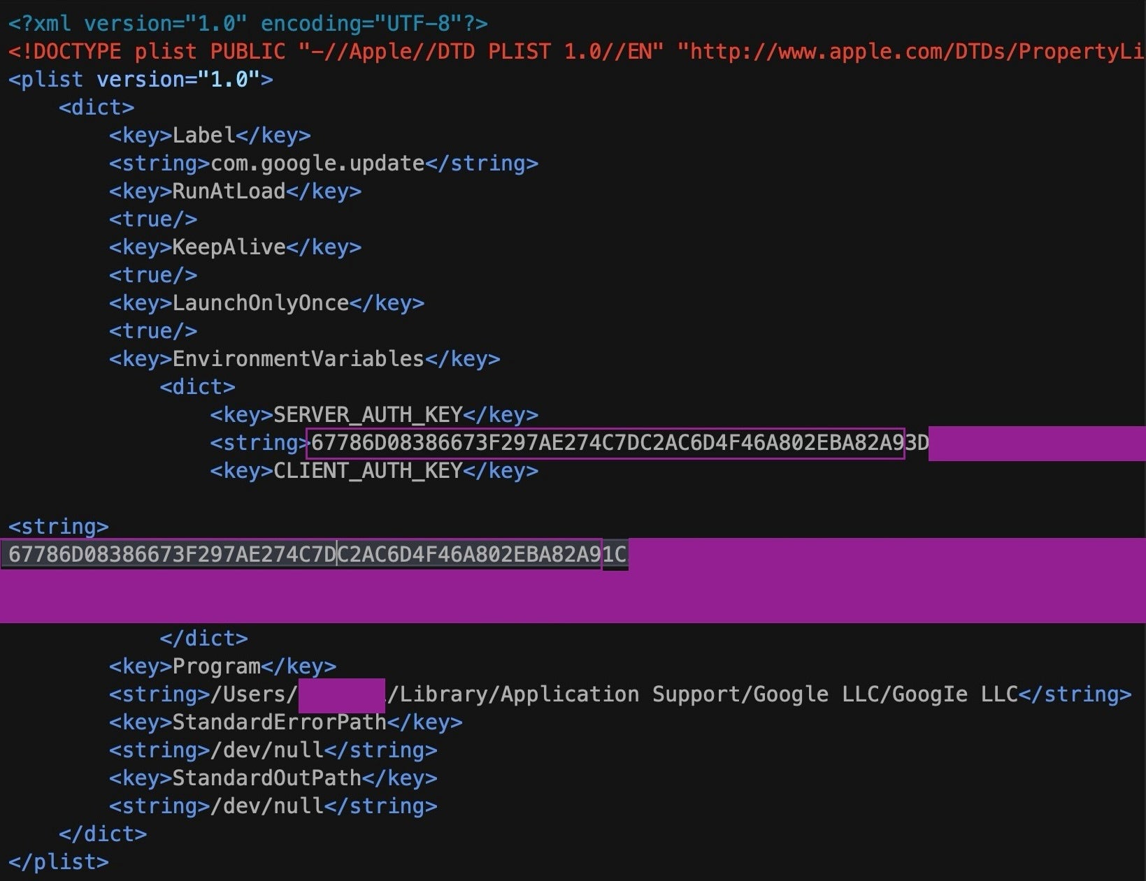The LaunchAgent contains customized Client and Server keys for communication with the C2